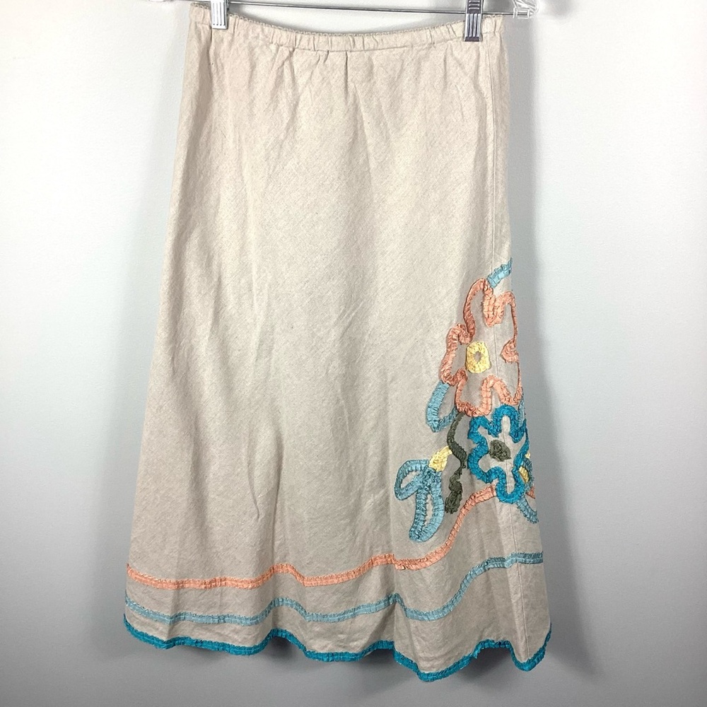 J.Jill 100% Linen Maxi Skirt W/Floral Ribbon Embroidered Flowers Women’s Size XS